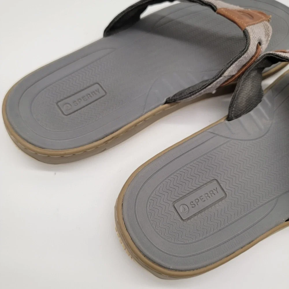 Sperry Thong Flip Flop Tan Leather/Gray Canvas Sandals 13M Model STS25231